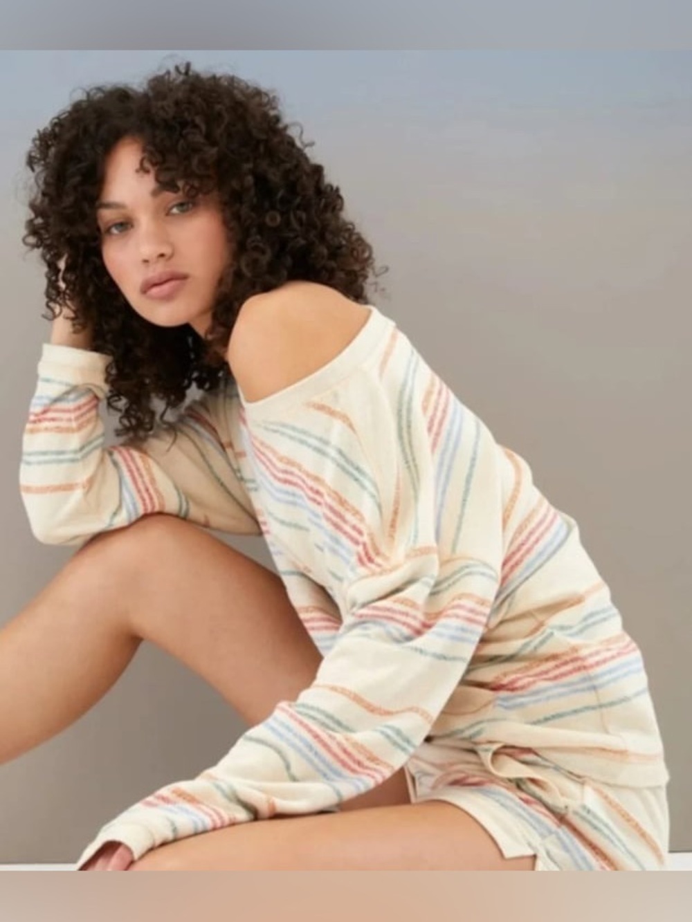 prAna Cozy Up SunCation Hemp Crewneck Canvas Stripe Rainbow Size Medium